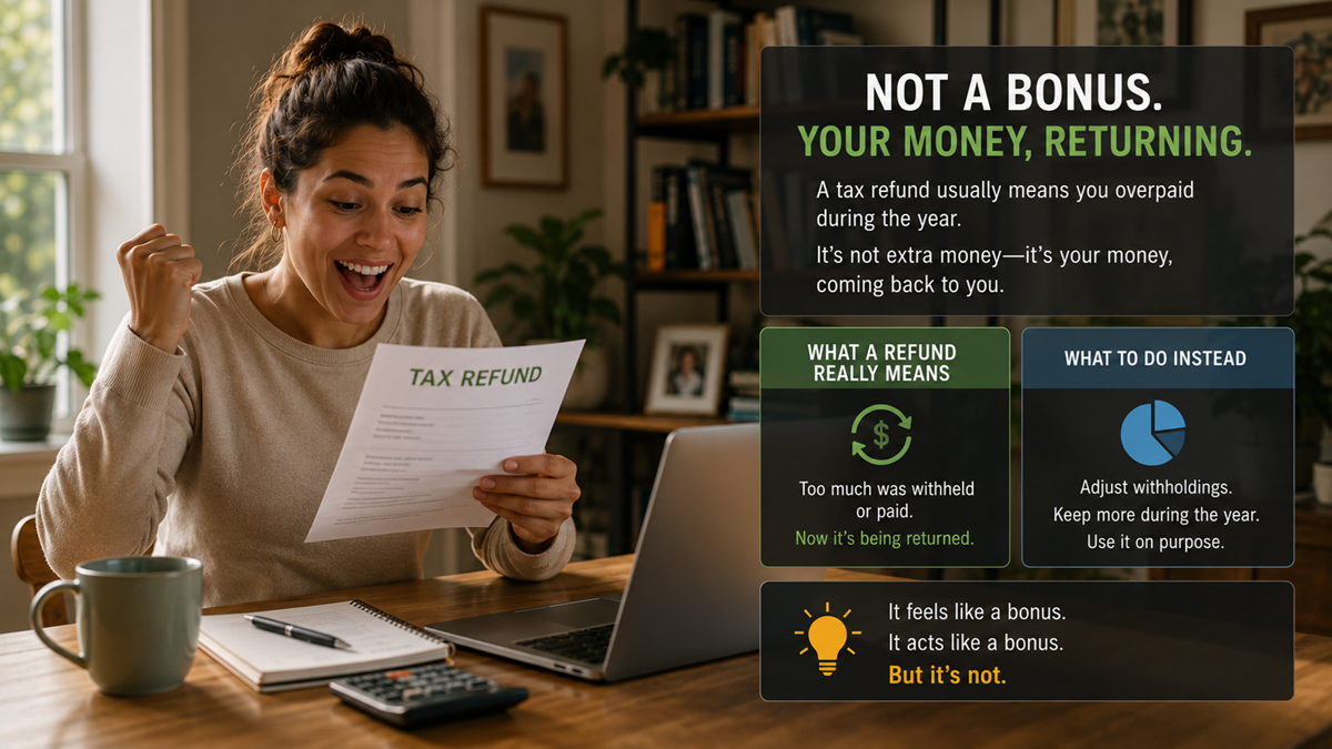 A woman smiles excitedly at a tax refund notice while sitting at a laptop, with informative graphics explaining that tax refunds are not bonuses but returned overpaid money, and suggesting adjusting withholdings.