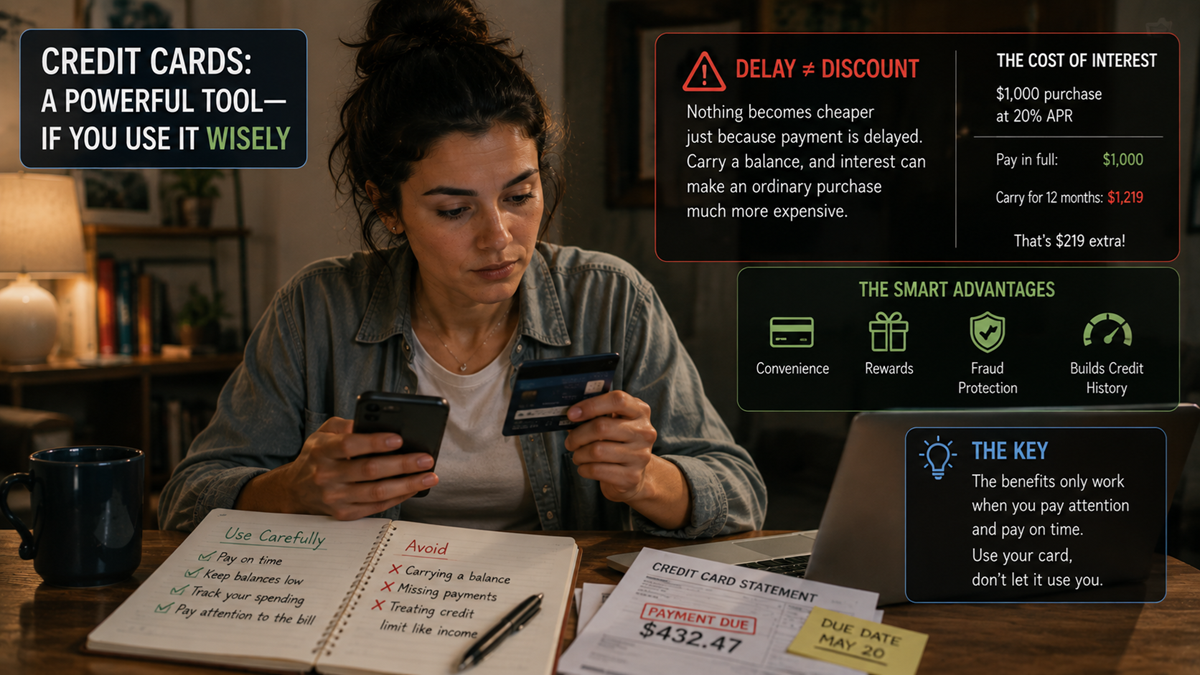 A woman reviews credit card statements at a desk, surrounded by notes on credit card tips, payment dues, and financial advice graphics about using credit cards wisely and avoiding interest.