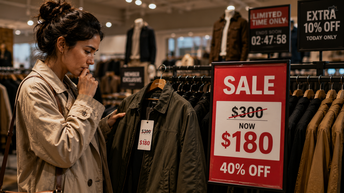 A woman in a beige coat looks thoughtfully at a jacket on sale in a clothing store. A red sign shows a discount from $300 to $180, advertising 40% off. Other sale signs are visible in the background.
