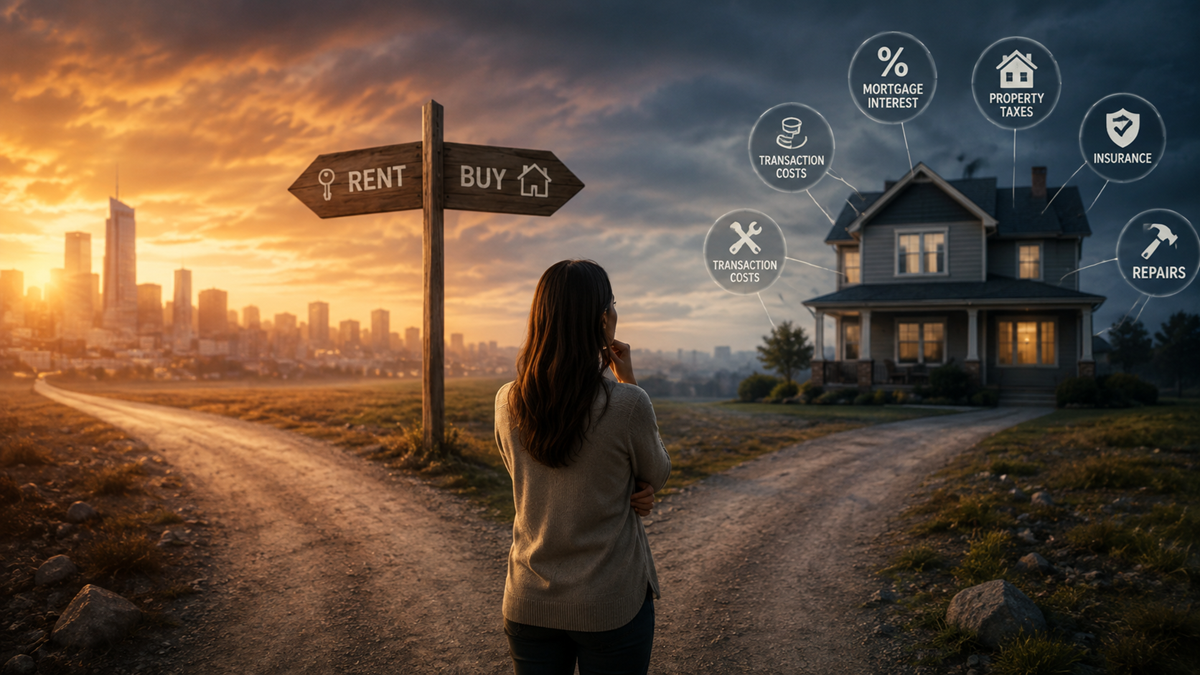 A woman stands at a fork in the road labeled “Rent” and “Buy,” looking toward a house with cost-related icons like mortgage, taxes, insurance, and repairs. A city skyline is visible in the background at sunset.