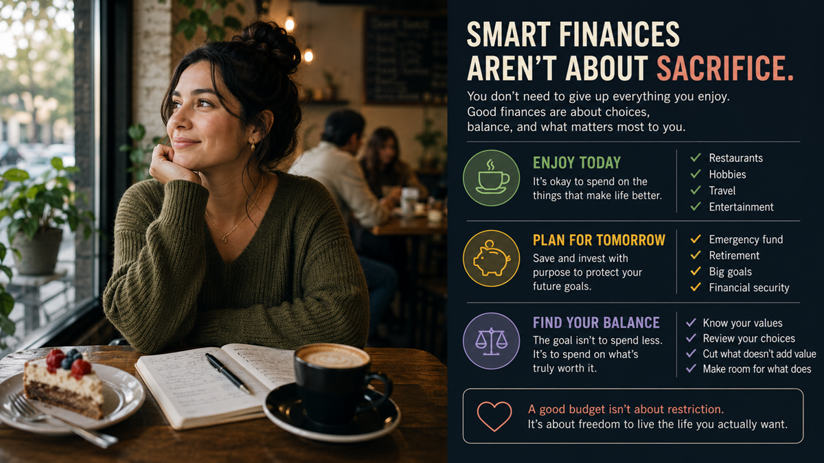 A woman sits at a café table with cake and coffee, looking thoughtful. Infographic beside her shares finance tips: enjoy today, plan for tomorrow, find your balance, and emphasizes budgeting isn’t about restriction.