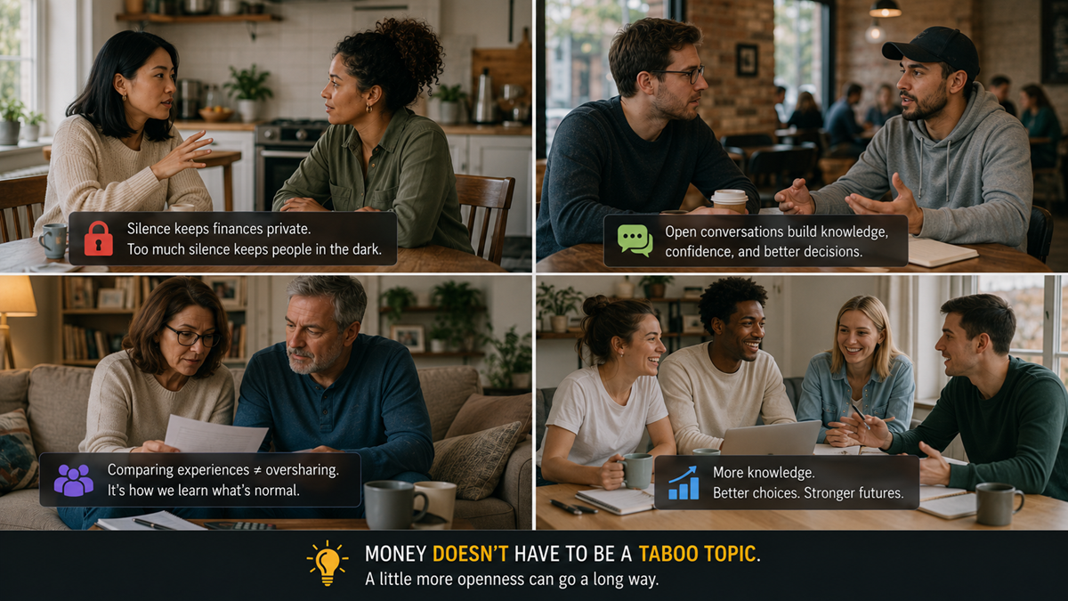 Four pairs of people have conversations in cozy settings. Text highlights the value of openness about money and its benefits for knowledge, confidence, and relationships. Banner below encourages open dialogue about finances.