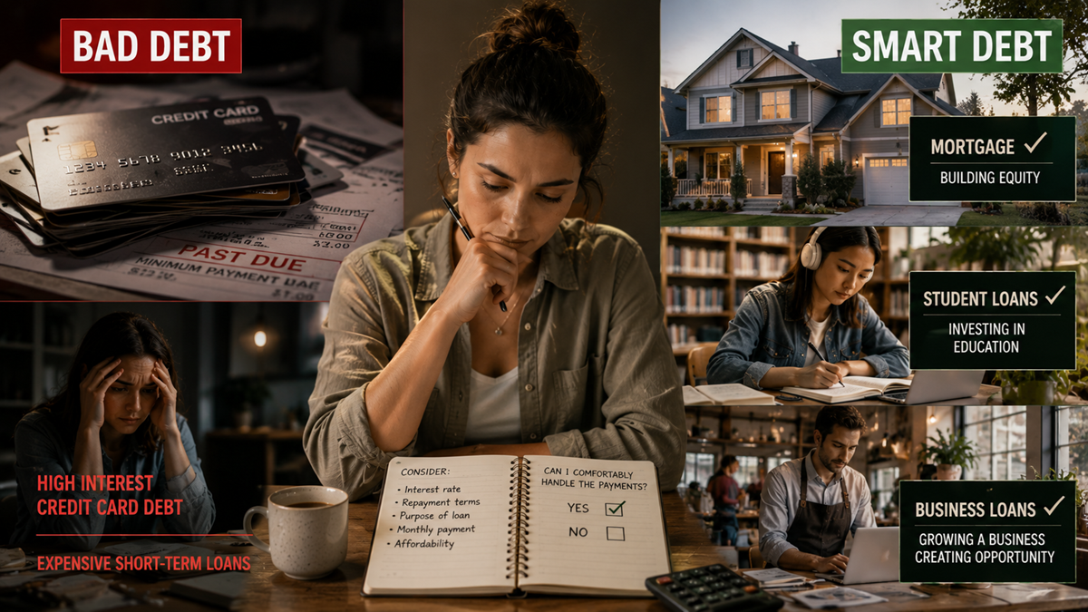 A woman studies finances, surrounded by examples of “bad debt” (credit cards) and “smart debt” (mortgage, student, and business loans), illustrating the difference between harmful and beneficial debts.