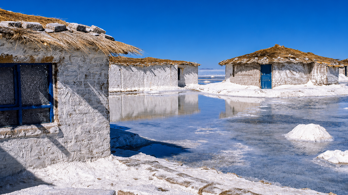 Traditional huts with thatched roofs sit on a reflective, salt-covered landscape under a clear blue sky. White salt mounds and standing water surround the buildings, creating mirror-like reflections.