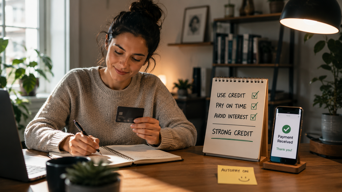 A woman sits at a desk holding a credit card and writing in a notebook. A sign lists credit tips, and a phone screen shows “Payment Received.” The scene is cozy and softly lit with home office decor.