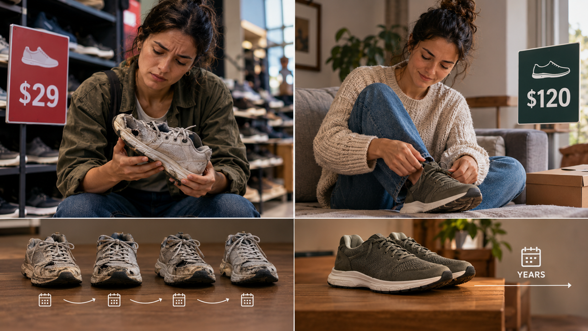 A woman compares worn sneakers priced at $29 to new ones at $120, tries on the new shoes, and a graphic shows the durability and longevity of the new sneakers over several years.
