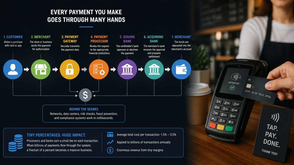 Infographic showing steps of electronic payment: customer, merchant, payment gateway, payment processor, acquiring bank. Includes stats and a photo of a hand tapping a card on a payment terminal with a “TAP. PAY. DONE.” sign.