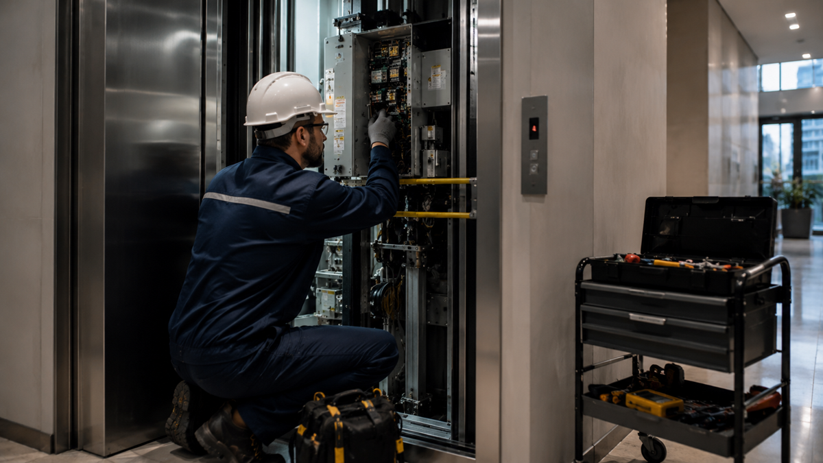 A technician in a hard hat repairs an elevator control panel in a building hallway, with a toolbox and tools nearby.