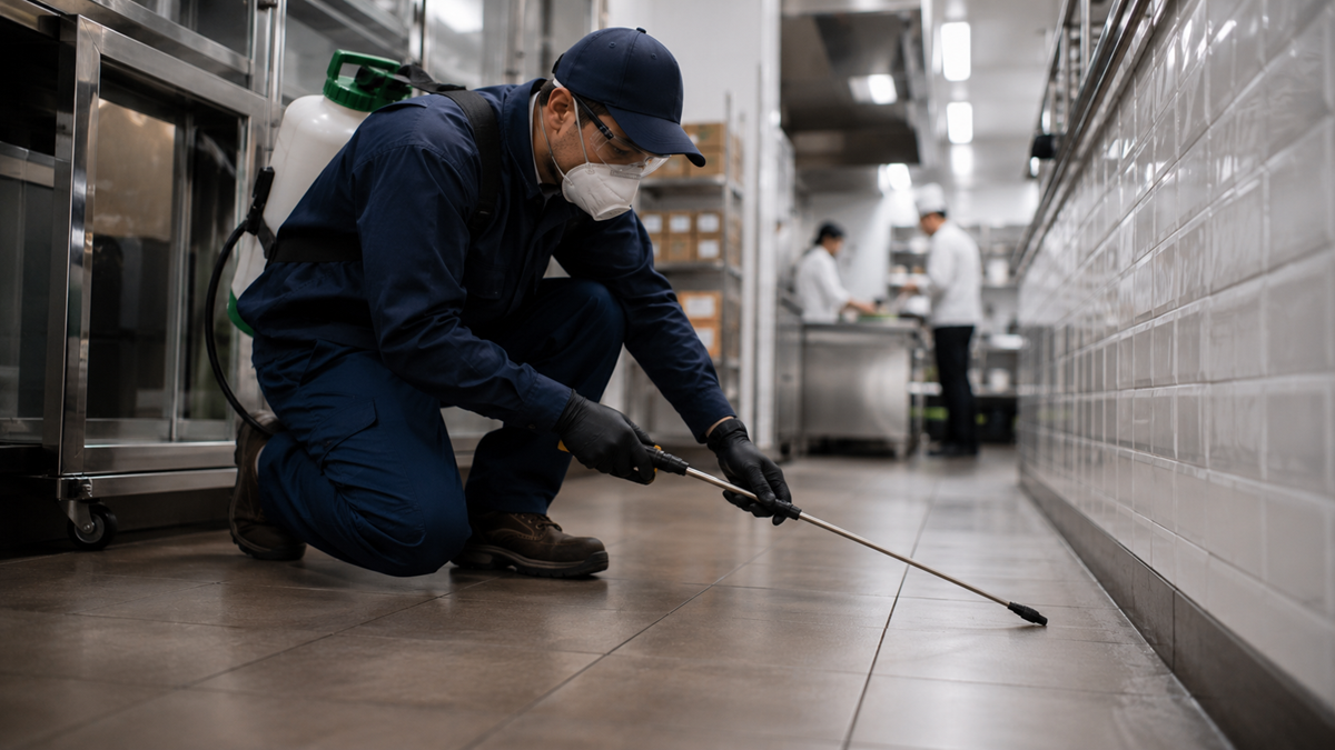 A worker in protective gear sprays pesticide on the floor of a commercial kitchen, while staff work in the background.