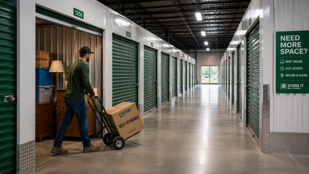 A man uses a dolly to move a box labeled “self-storage” into a storage unit. The hallway is lined with green storage doors, and a sign on the wall offers storage services.