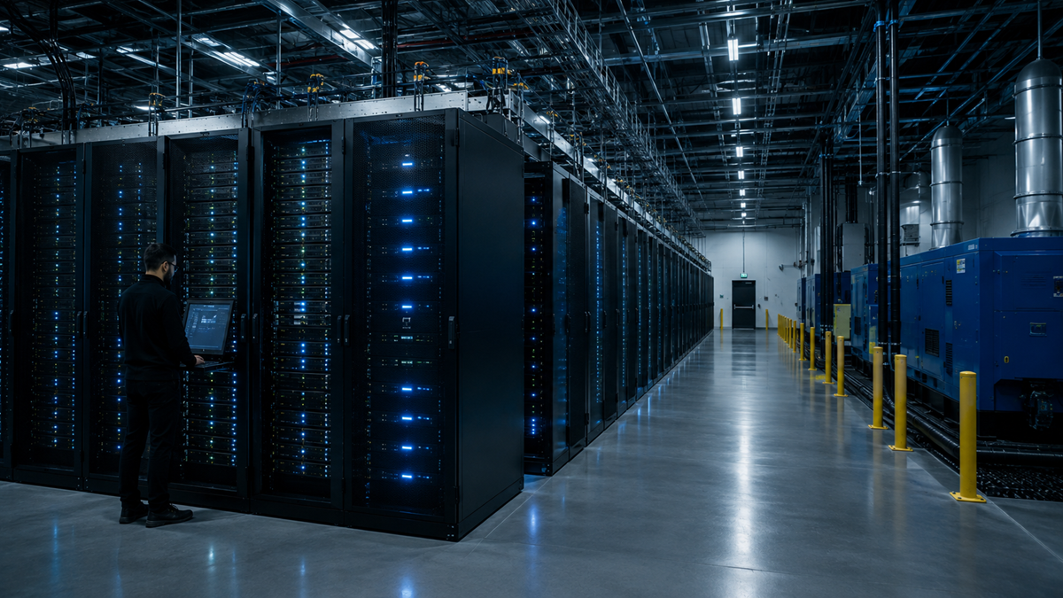 A person stands in a large, dimly lit server room with rows of server racks glowing with blue lights and industrial equipment visible along the right side.