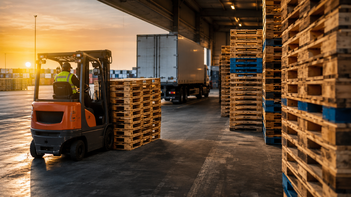 A worker operates a forklift, moving wooden pallets in a warehouse at sunset. Stacks of pallets and a truck are visible in the background.