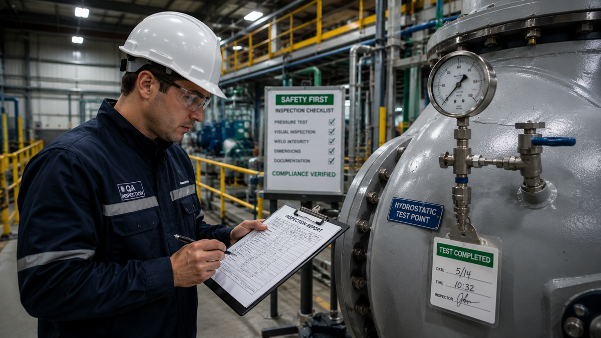 A worker in safety gear inspects machinery in an industrial plant, checking items off a clipboard. Safety and inspection signs are visible, and a gauge is attached to the large metal equipment being examined.
