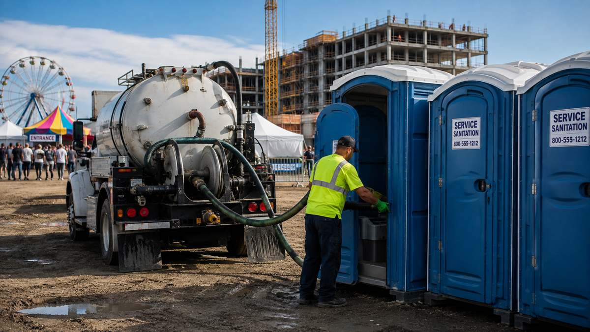 A worker in a yellow vest cleans portable toilets with a sanitation truck at a construction site. A ferris wheel and carnival tents are visible in the background under a blue sky.