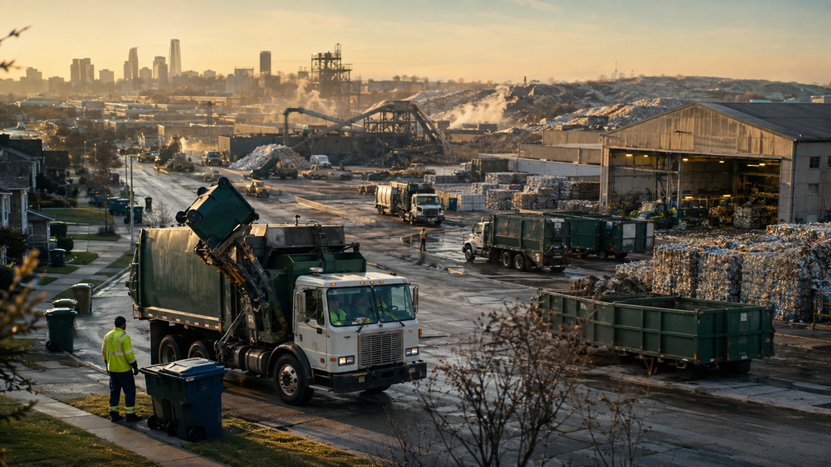 Industries. A garbage truck collects bins on a street near a large recycling facility at sunrise, with piles of recyclables, several trucks, workers, and a city skyline in the background.