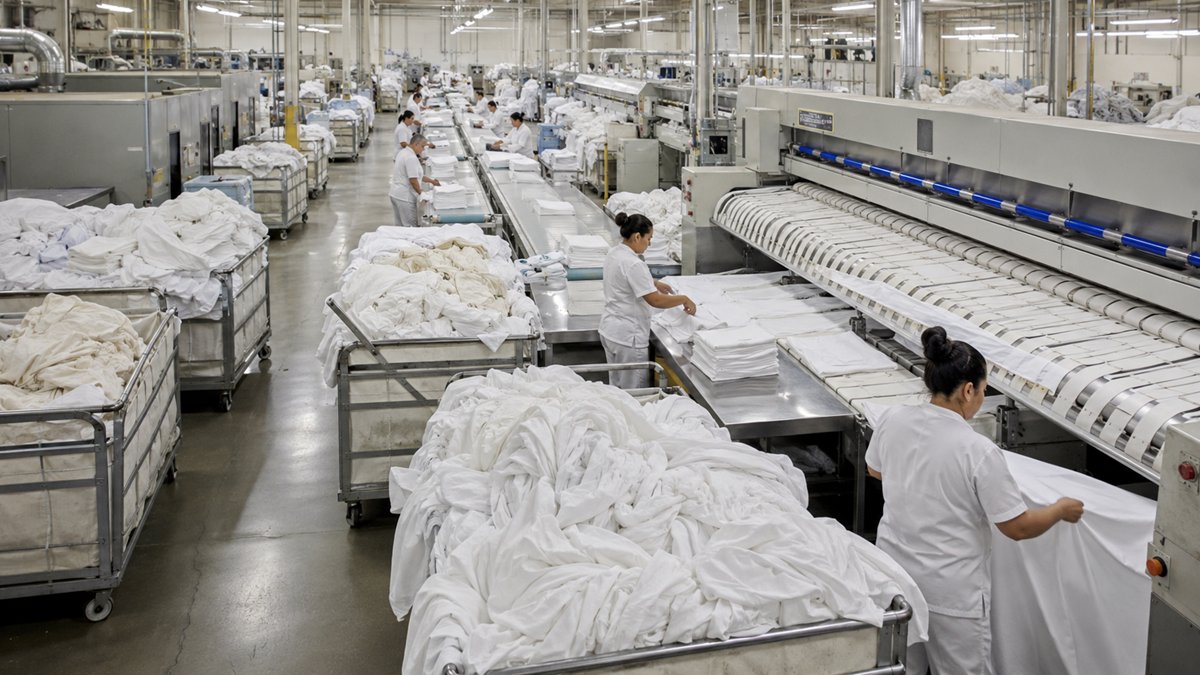 Workers in white uniforms operate machines and fold white linens in a large industrial laundry facility filled with carts of sheets and automated equipment.