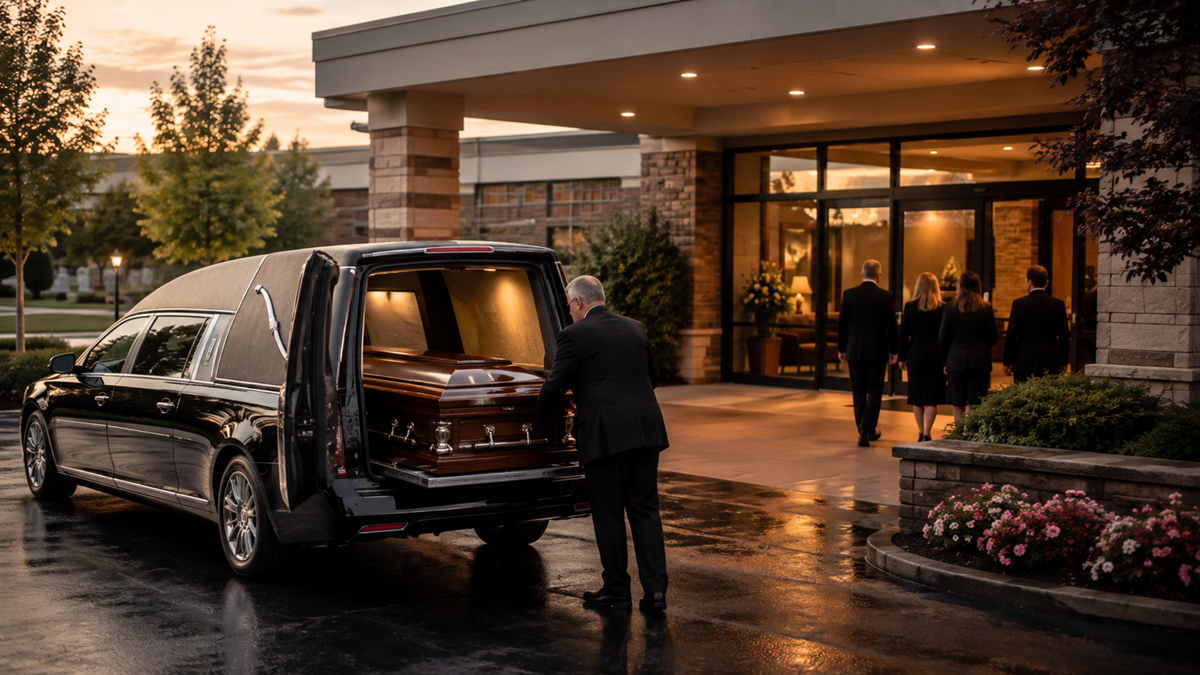 A man loads a casket into a black hearse outside a funeral home at dusk. Four people in formal attire walk towards the building’s entrance. The scene is calm and somber.