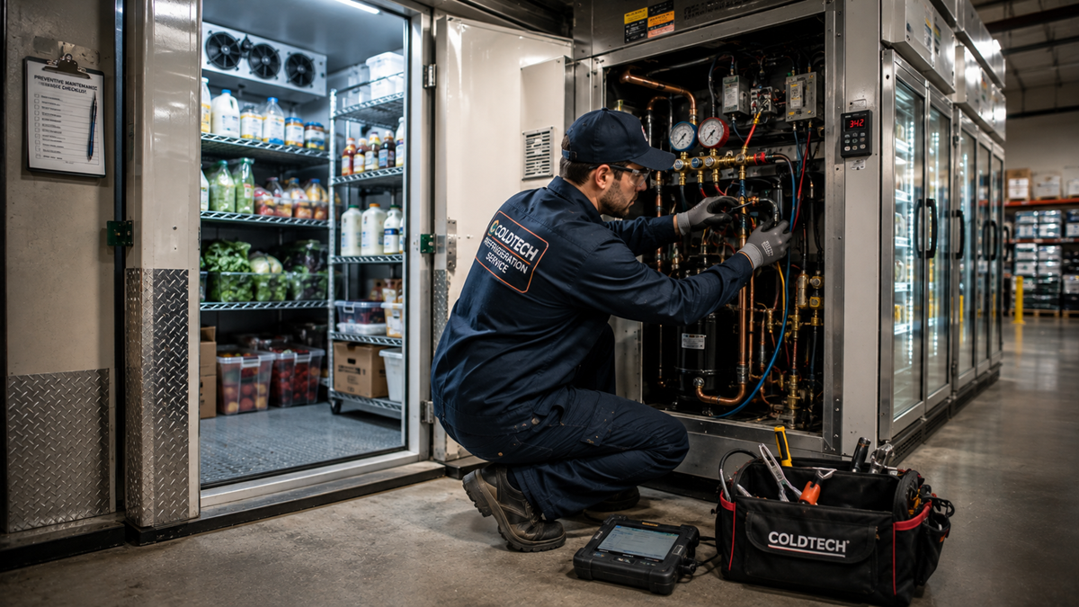 A technician in a blue uniform repairs a commercial refrigerator in a store. Tools and equipment are on the floor nearby. Open fridge doors reveal shelves stocked with food and drinks.