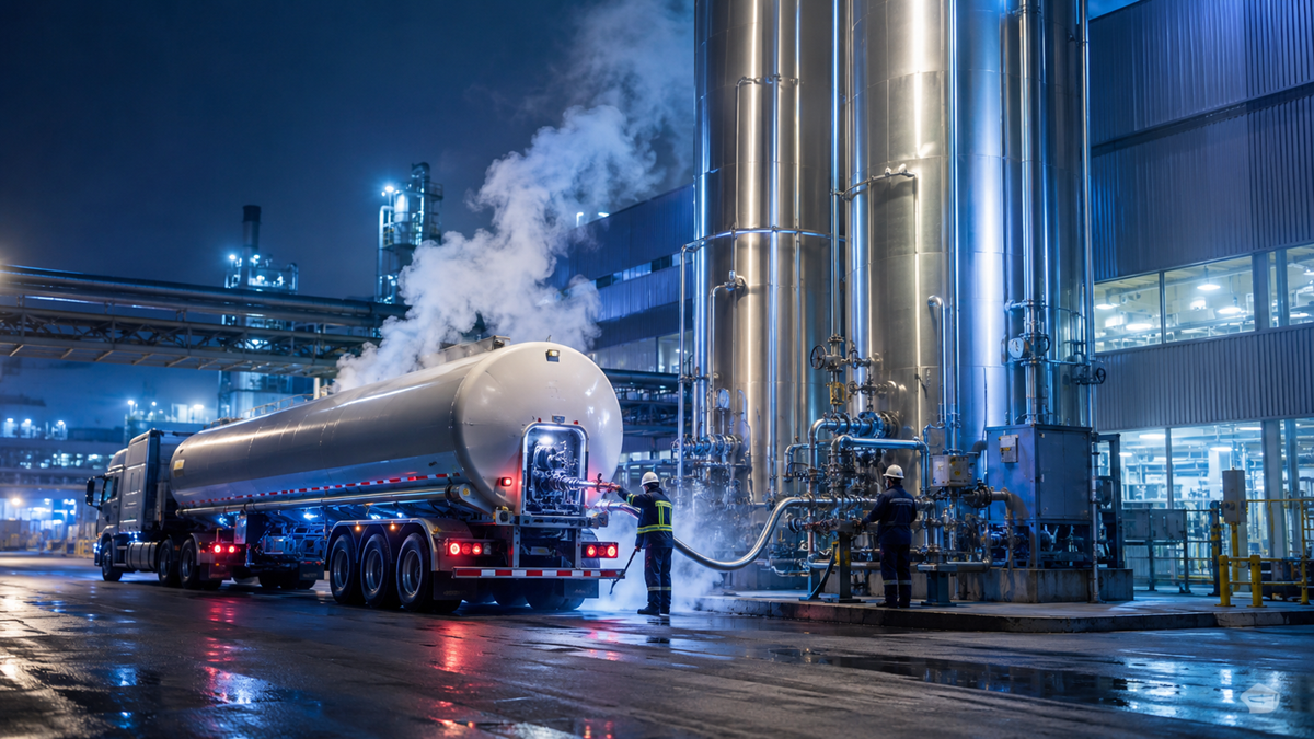 A large tanker truck unloads liquid at an industrial plant at night. Workers in safety gear manage hoses, and steam or vapor rises near tall metal tanks under bright lights. The ground appears wet and reflective.