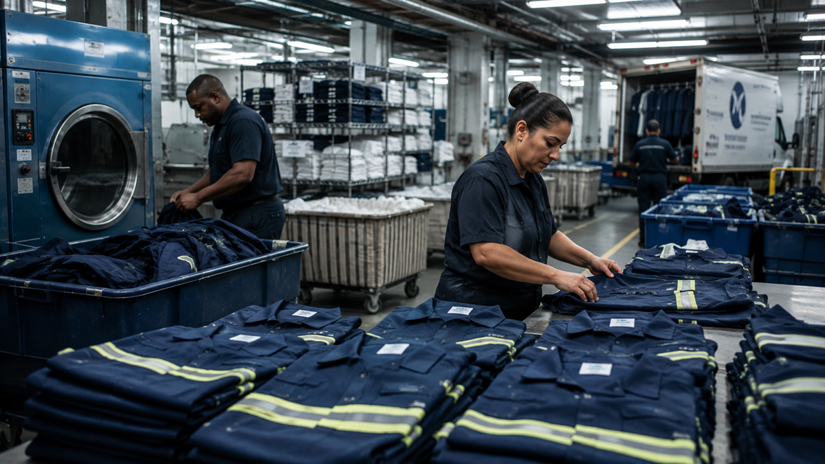 Two workers in dark uniforms sort and fold stacks of industrial clothing in a large laundry facility, with carts of clean laundry and industrial washers visible in the background.