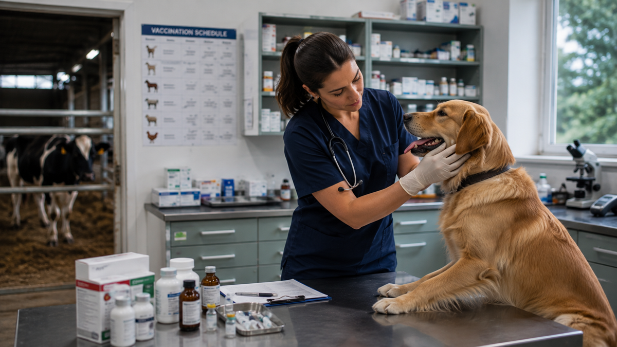 A veterinarian examines a golden retriever on an exam table in a clinic, with various medicines and a chart nearby. Cows are visible in a barn through an open door in the background.