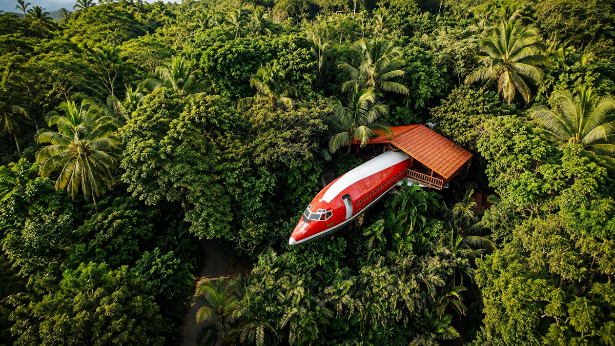 A red and white airplane has been converted into a building and sits nestled among dense tropical trees, with a wooden deck attached, surrounded by lush green jungle.