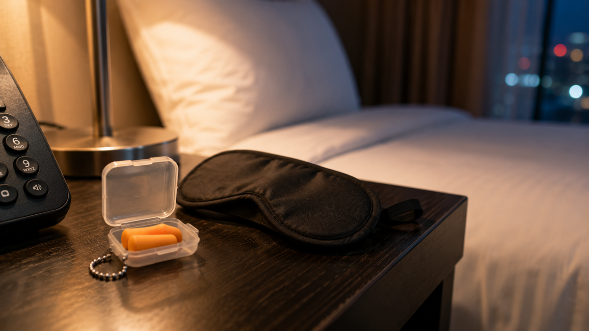 A pair of orange earplugs in a plastic case and a black sleep mask rest on a bedside table next to a modern bed with white pillows in a softly lit room.