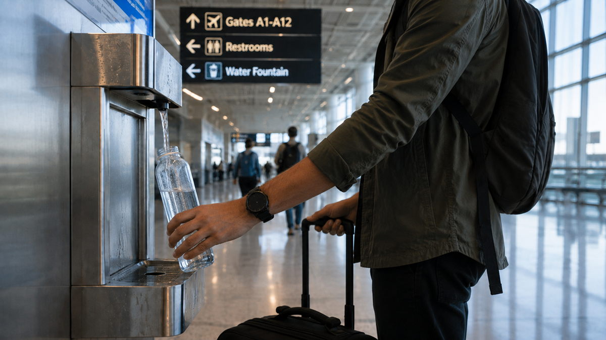 A person refills a water bottle at an airport water fountain, holding a suitcase. Signs above indicate gates, restrooms, and water fountain locations. Other travelers walk in the background.