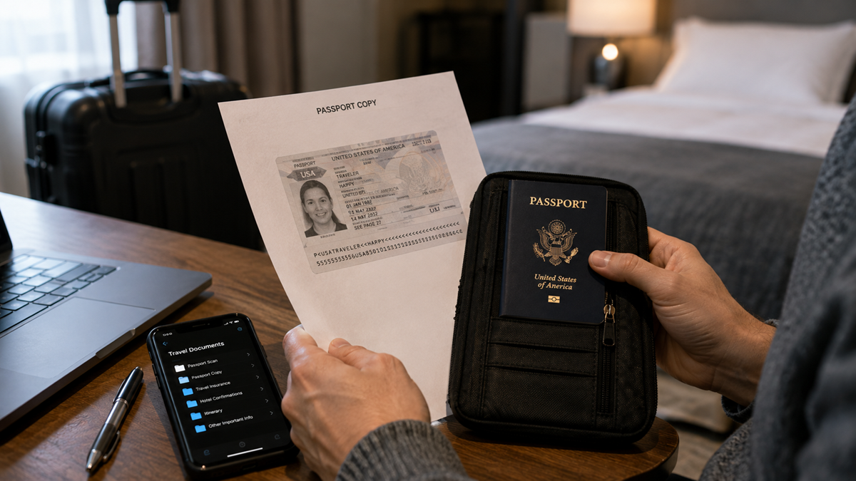 A person holds a U.S. passport and a printed passport copy at a desk with a phone displaying travel documents, a laptop, and luggage in the background.
