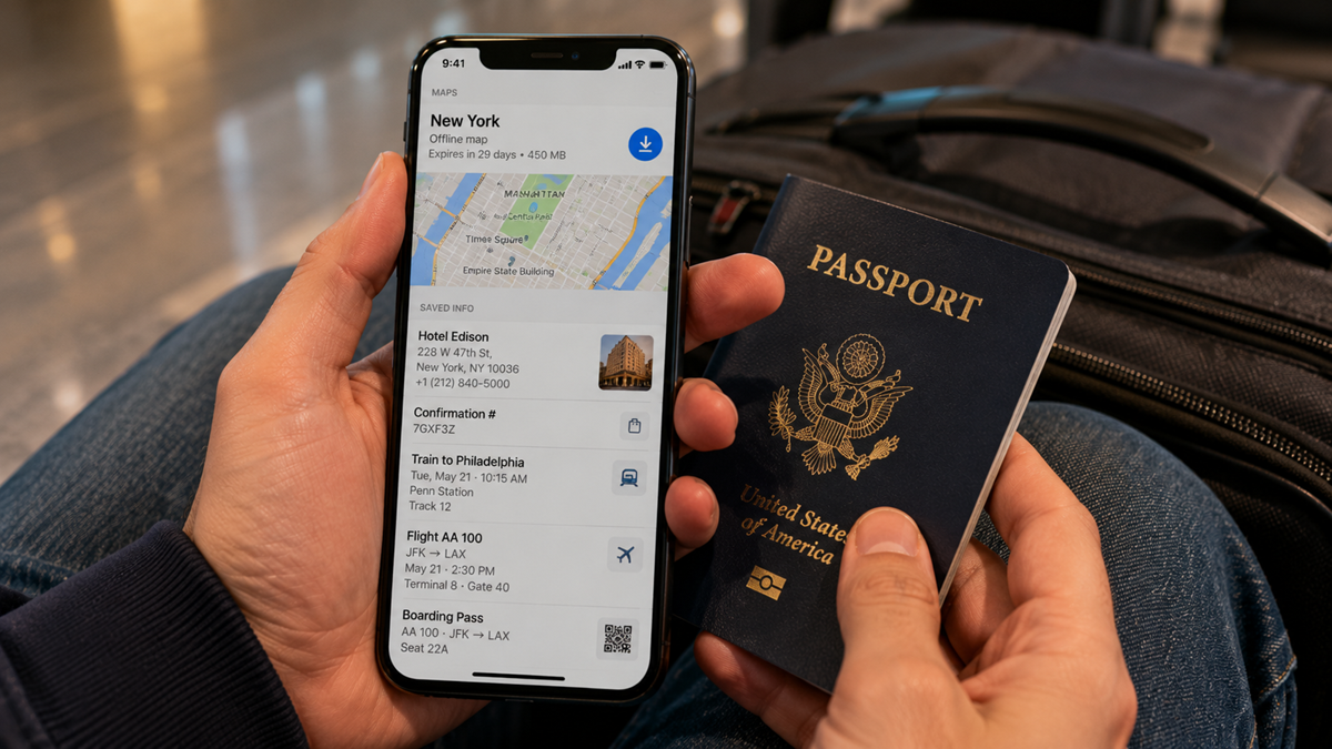 A person holds a smartphone showing travel details and a U.S. passport, with a backpack in the background, suggesting preparation for a flight or trip.