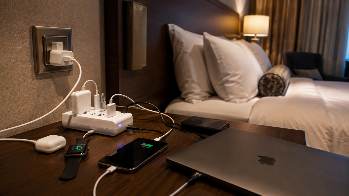 A hotel room nightstand with a power strip charging a smartwatch, two smartphones, and a laptop, next to a neatly made bed with white pillows and a lit lamp in the background.