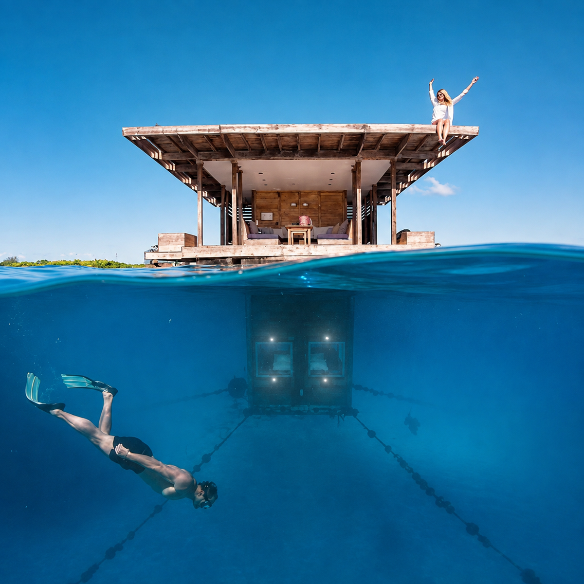 A split-view shows a woman standing on a floating house above water and a man snorkeling below, with underwater windows visible from the submerged part of the house.