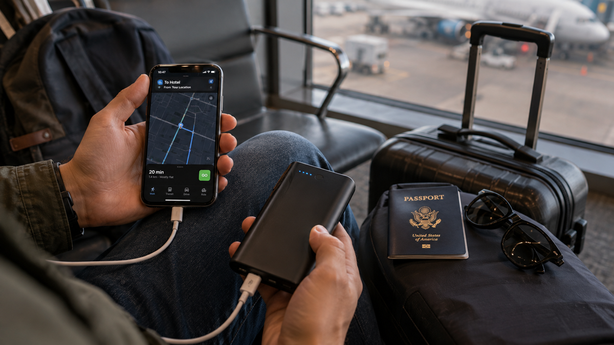 A person charges a smartphone while viewing a map at an airport gate. A suitcase, backpack, sunglasses, and a U.S. passport rest on a bench, with an airplane visible through the window in the background.