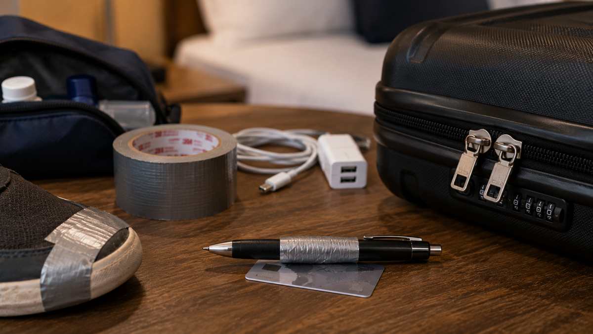 A pen with duct tape, a suitcase, a shoe with duct tape, duct tape roll, charging cables, and a toiletry bag are on a wooden table.