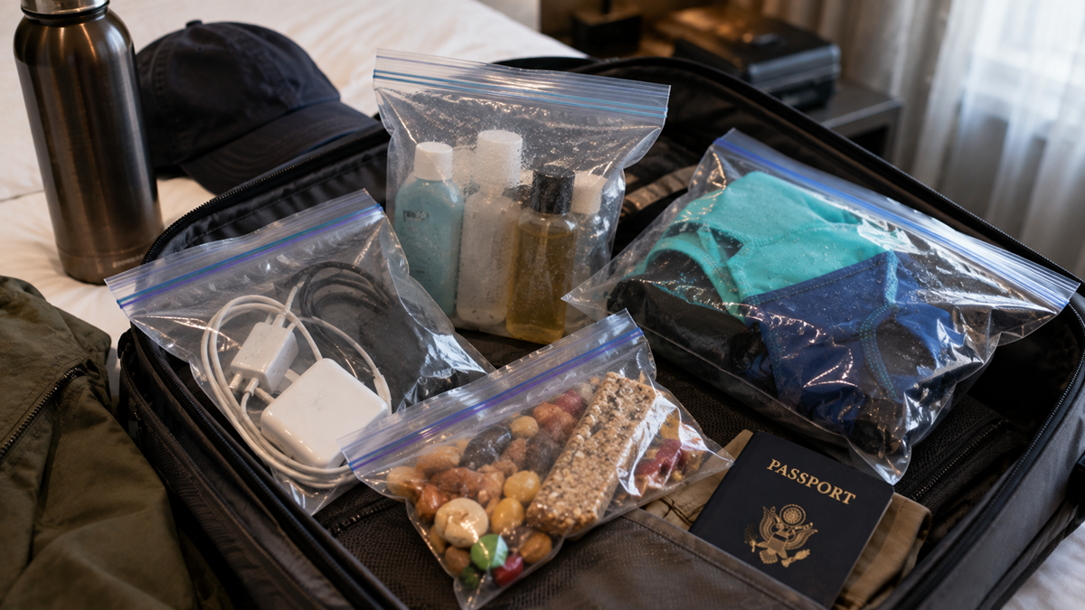 An open suitcase with ziplock bags containing toiletries, electronics, snacks, and clothes, alongside a passport, water bottle, and cap on a bed, ready for travel.