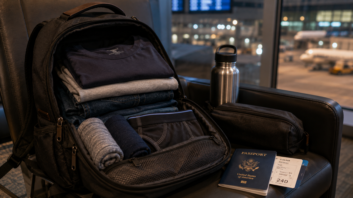 An open backpack on an airport chair shows folded clothes, a water bottle, and a pouch. In front are a U.S. passport and a boarding pass, with an airport terminal and plane visible through the window.