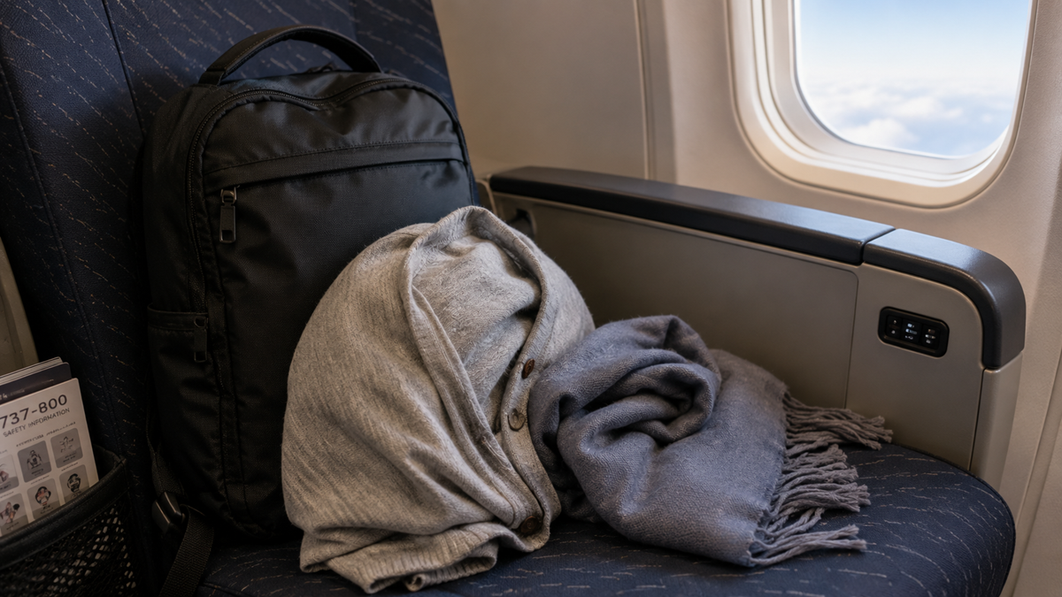 A black backpack, a gray sweater, and a gray scarf are placed on an airplane seat next to a window with a view of the sky.