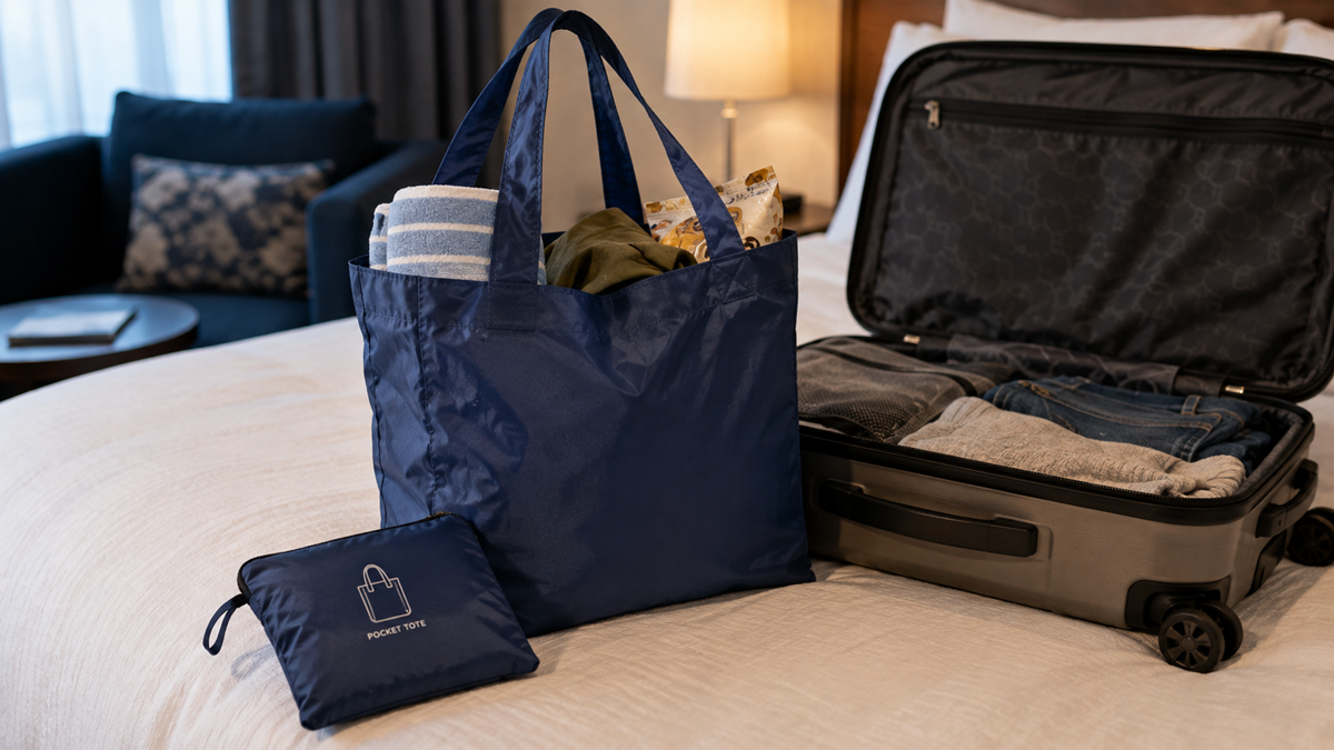 A blue tote bag filled with clothes and towels sits on a bed next to an open suitcase with neatly packed clothing; a folded pouch labeled “Pocket Tote” is placed in front of the blue bag.