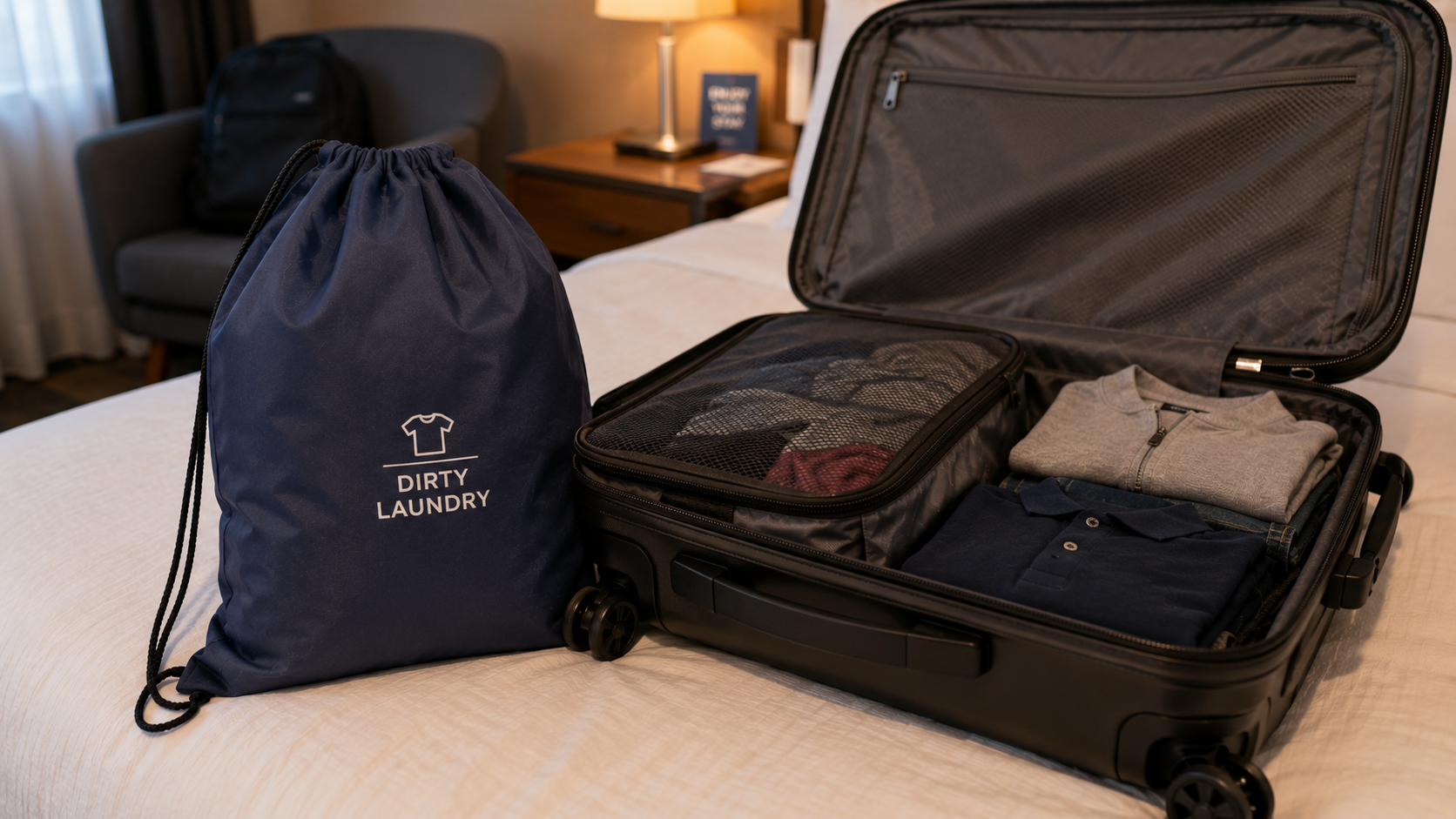 A navy blue laundry bag labeled “Dirty Laundry” sits next to an open suitcase neatly packed with folded clothes, all on a bed in a cozy room.