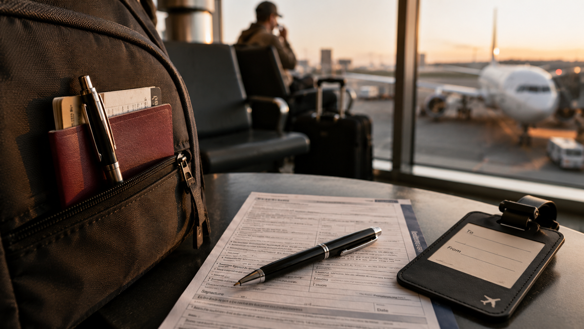 Close-up of travel documents, a pen, and a backpack at an airport gate with a plane outside the window; a person sits in the background by the window.
