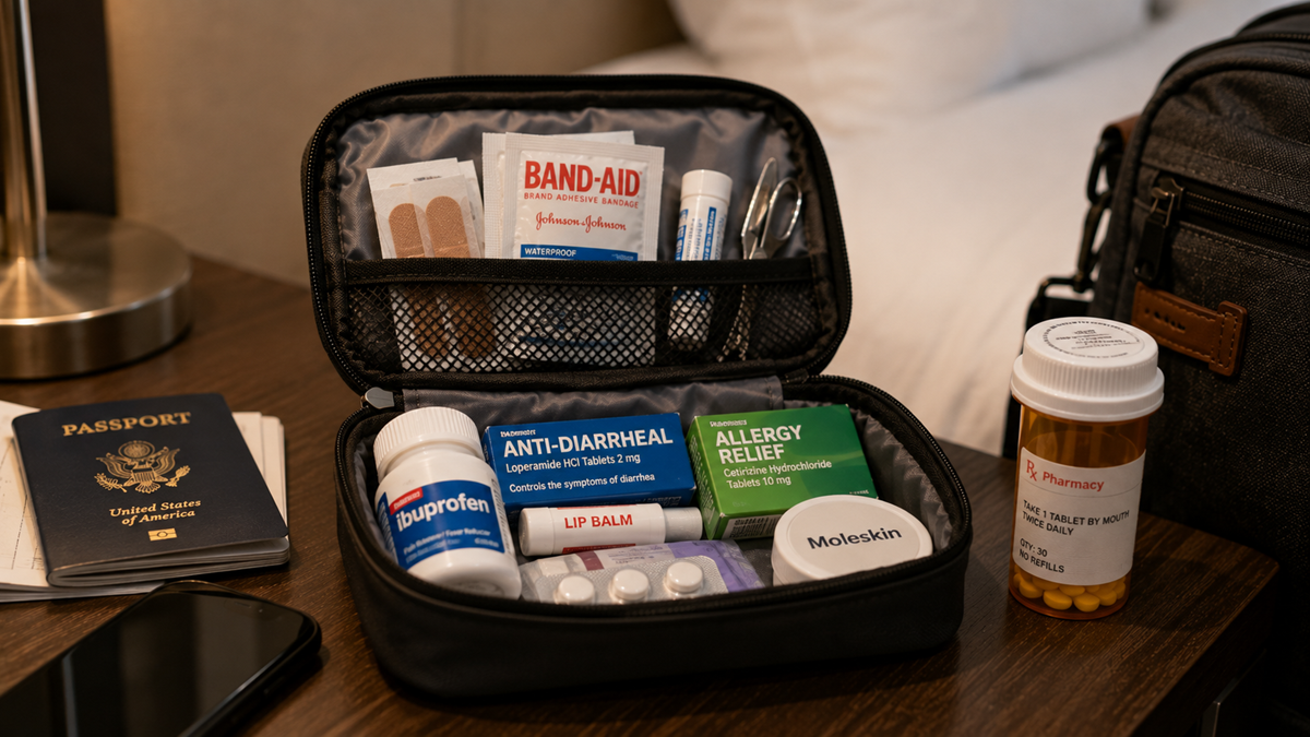 A travel first aid kit with bandages, medications, and ointments sits open on a table next to a passport, smartphone, and prescription bottle in a hotel room.