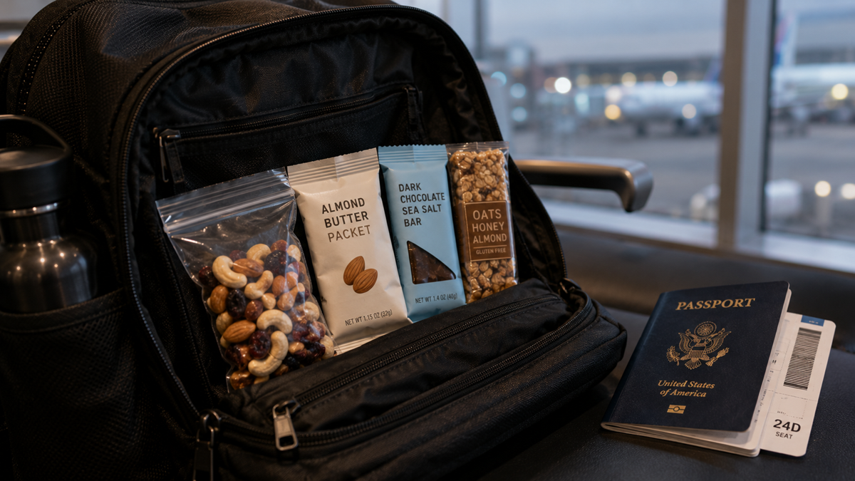 A backpack at an airport contains snacks, a water bottle, a U.S. passport, and a boarding pass. The snacks include mixed nuts, an almond butter packet, a dark chocolate sea salt bar, and oats & honey almond granola.