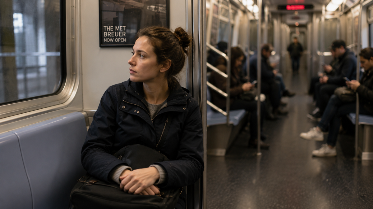 A woman with tied-back hair sits on a subway bench, looking out the window; several other passengers are seated further down the train, some using their phones.