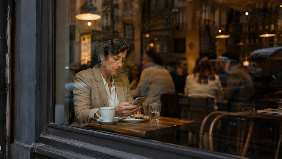 A person sits alone at a café table by the window, looking at their phone. There’s a cup of coffee, a glass of water, and a pastry on the table. Other customers are visible inside the busy café.