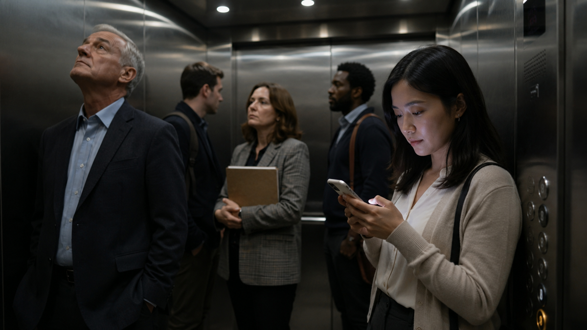 Five people in business attire stand inside an elevator. One woman in front uses her phone, while the others look in different directions, some lost in thought. The setting is modern and the lighting is subdued.