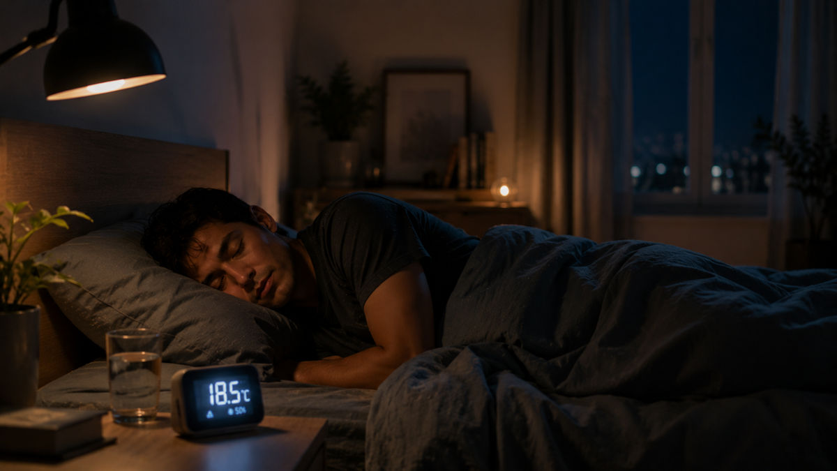 A man sleeps in a dimly lit bedroom at night. A digital clock on the bedside table shows 18.5°C and 2:45. There is a glass of water and a lamp beside him. The window shows a dark, nighttime city view.