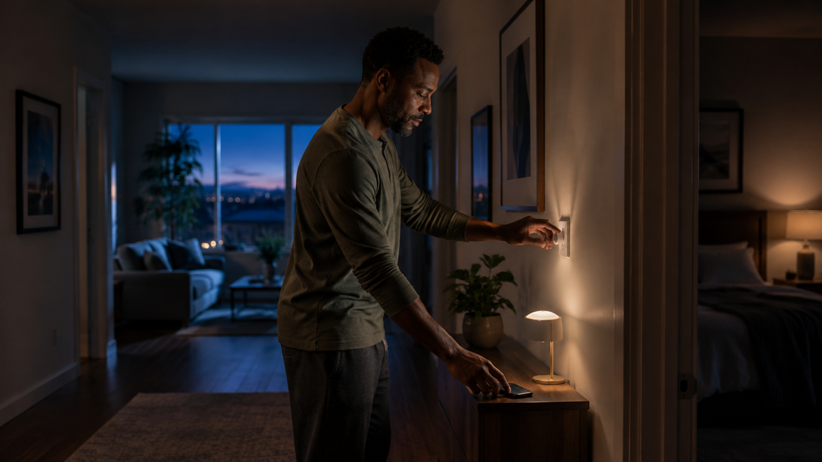 A man stands in a dimly lit hallway at night, turning on a light switch next to a small table with a lamp and plant, with a cozy living room visible in the background.