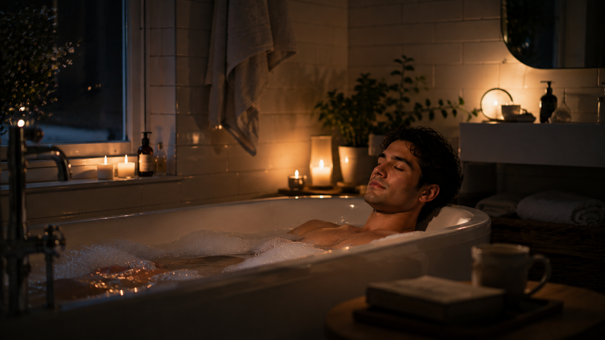 A man relaxes in a bubble bath at night, eyes closed. The bathroom is lit by several candles, creating a calm, cozy atmosphere. Plants, towels, and books are visible around the tub.