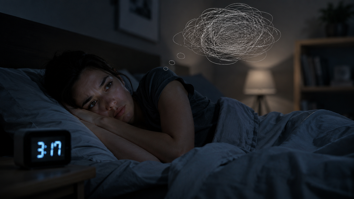 A woman lies awake in bed at 3:17 am, looking worried. Thought scribbles above her head suggest anxiety or racing thoughts. The room is dimly lit by a bedside lamp.