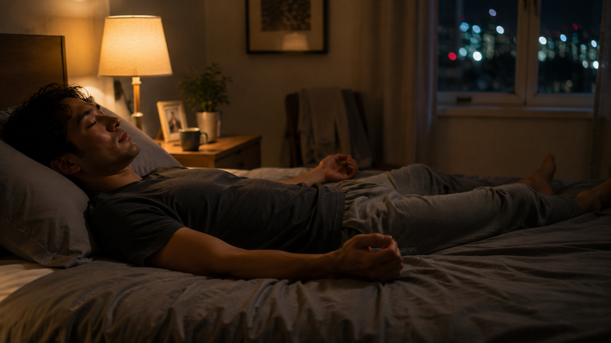 A man lies on his back on a bed in a dimly lit bedroom, eyes closed, hands resting on the bed in a meditative pose. A lamp, framed photo, and potted plant are visible on a nightstand. City lights shine through the window.